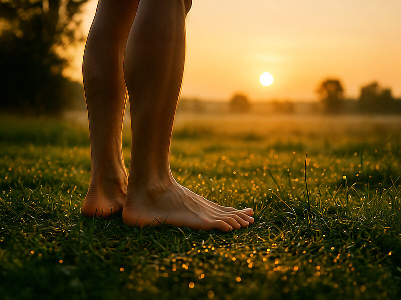 Nackte Füße auf taufrischem Gras, im sanften Licht des Sonnenaufgangs, umgeben von goldenen Tautropfen und stiller Natur.